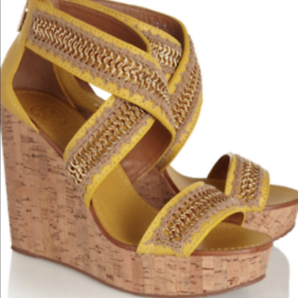 Tory Burch Women's Yellow Lucian Leather and Cork Wedge Sandals
